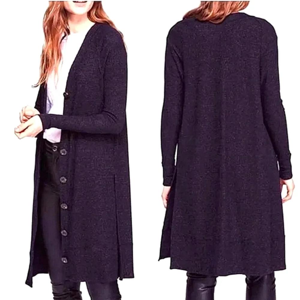 Free People We The Free Long Cardigan Duster Sweater Ribbed Button Up Glitter MD - Picture 1 of 12